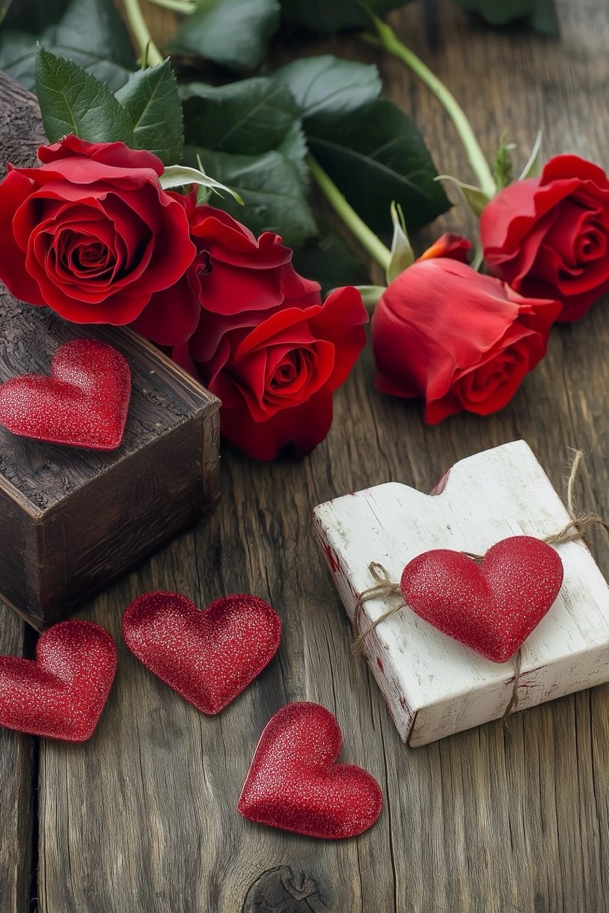 Gift box for Valentine’s Day featuring roses and hearts placed on a rustic wooden table setting.