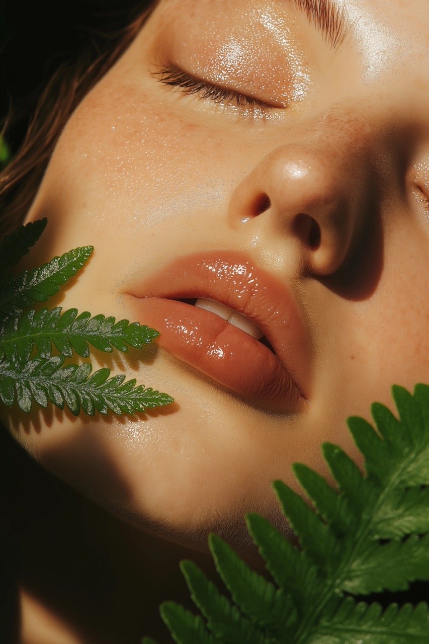 Glossy Lips, Closed Eyes, and Natural Makeup Face Close-Up with Greenery and Warm Glow