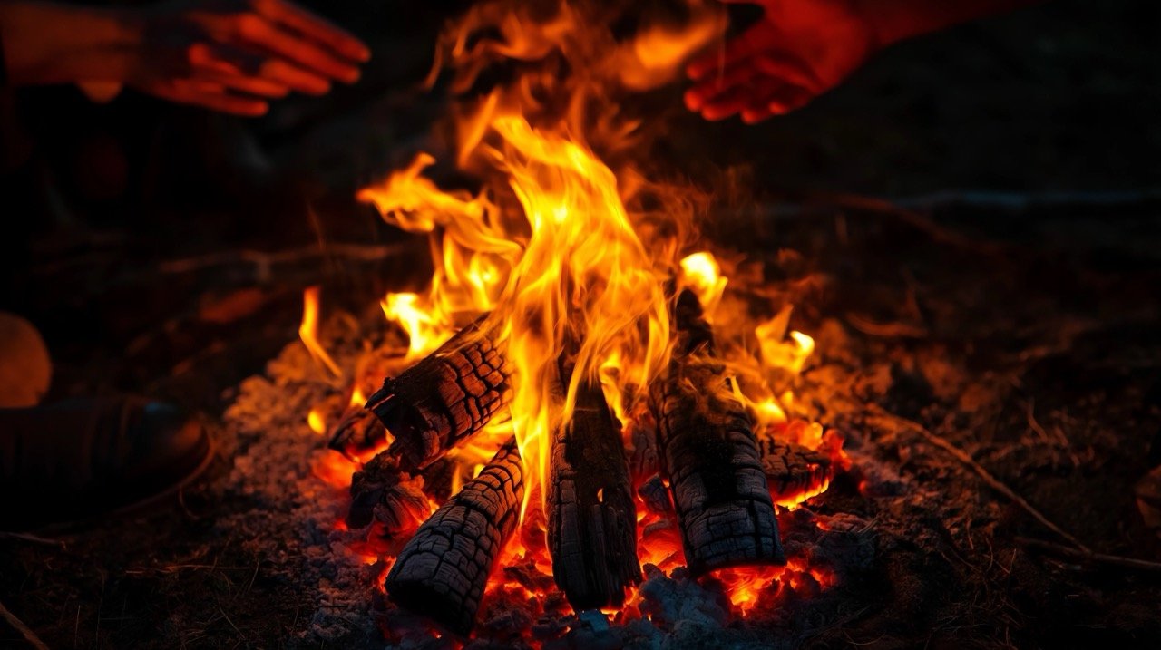 Glowing fire ember at night, campfire and bonfire with black color background for warmth.