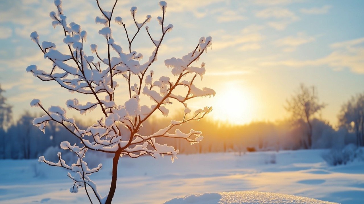 Golden Winter Sun Shining on Snowy Trees in January Peaceful Winter Landscape and Snowy Views