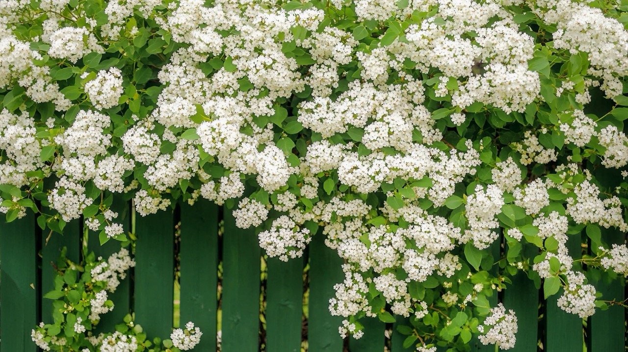 Green fence covered with blooming Spirea flowers in white, showcasing Meadowsweet in a vibrant background.