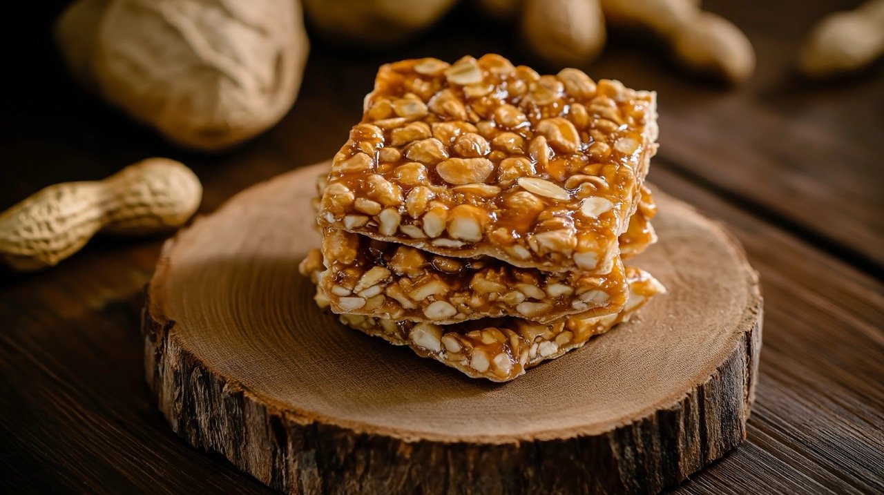 Groundnut Chikki or Peanut Brittle with Jaggery, Sweet Dessert Candy for Lohri Celebration.