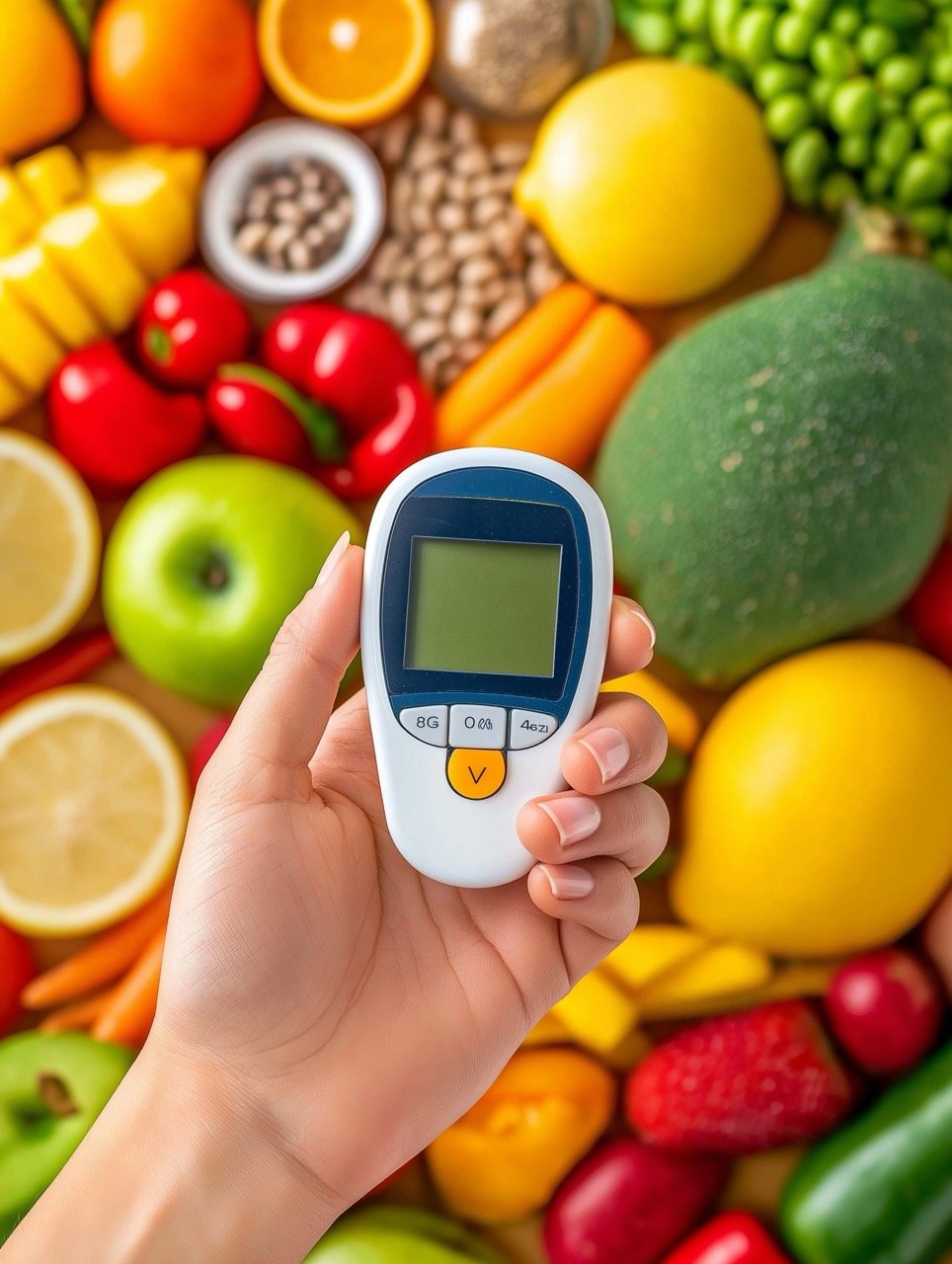 Hand Holding Glucometer on Healthy Food Background for Diabetes and Healthy EatingHand Holding Glucometer on Healthy Food Background for Diabetes and Healthy Eating