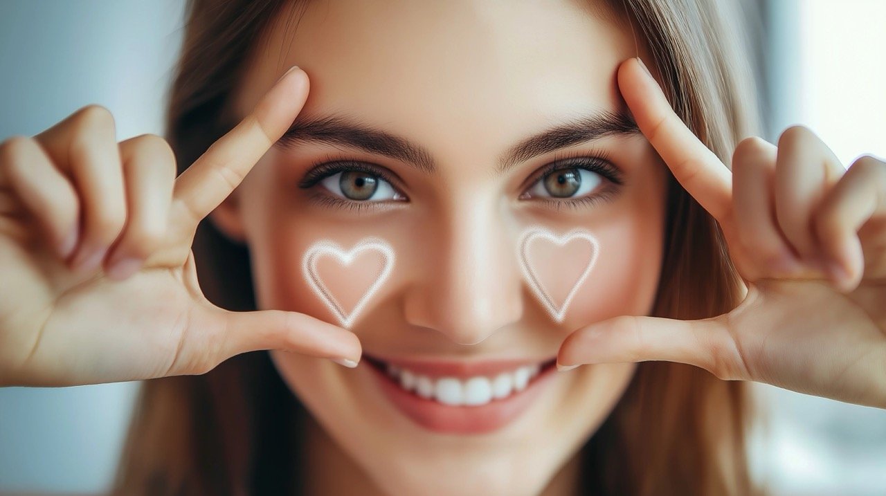 Happy Woman Expressing Love with Heart Sign Near Eyes for Healthcare and Healthy Lifestyle