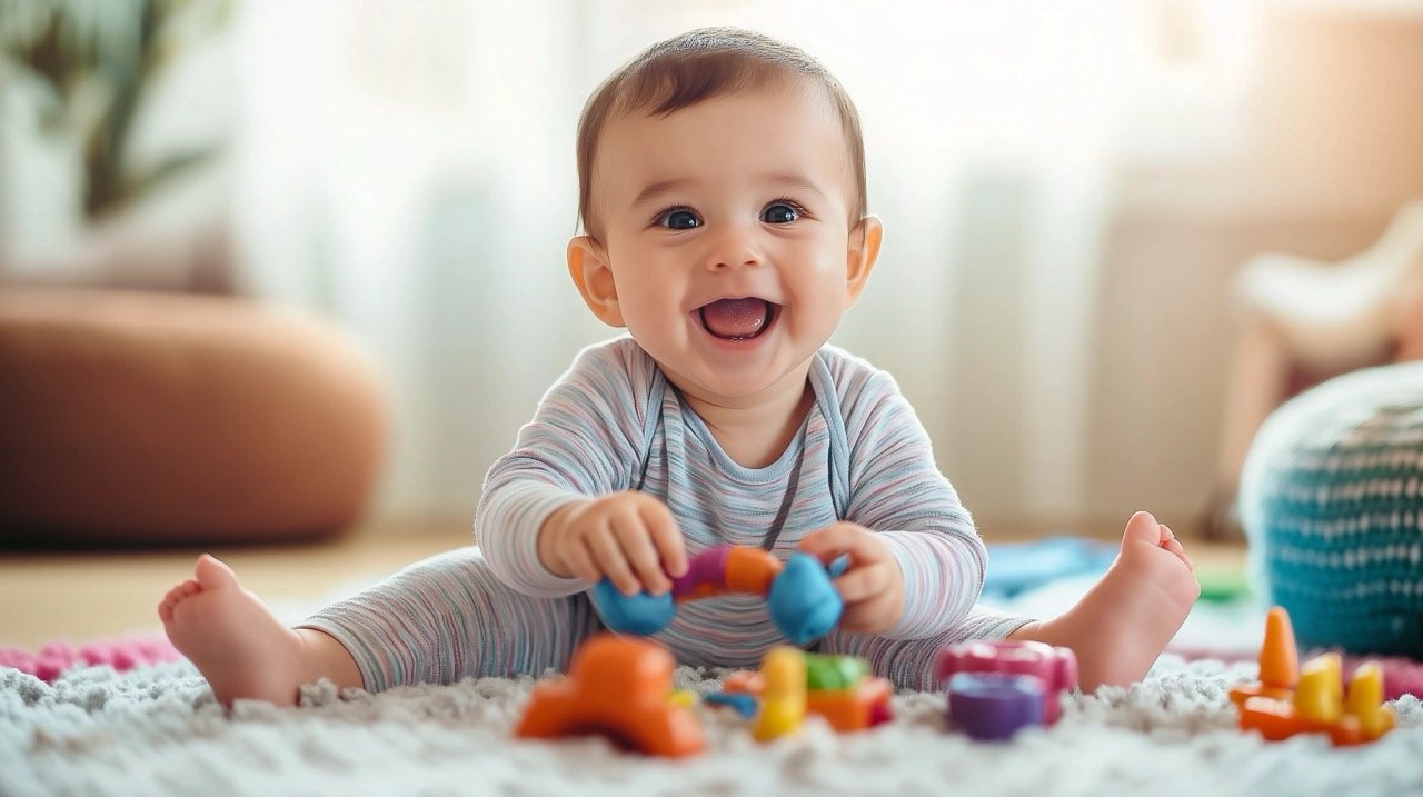 Happy baby playing with toys at home, showcasing laughter, joy, and childhood happiness through play