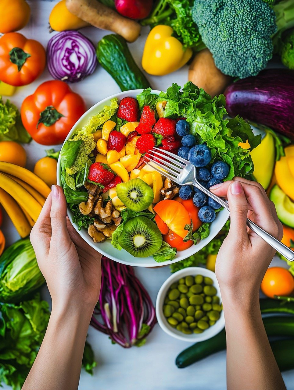 Healthy Eating Concept Woman Eating a Rainbow Salad with Fresh Fruits and Vegetables