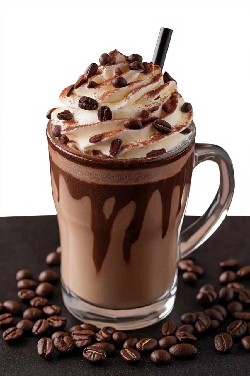 Healthy Mocha Chocolate Drink with Coffee Beans, Whipped Cream, and Latte Stock Photo of Brown Tones