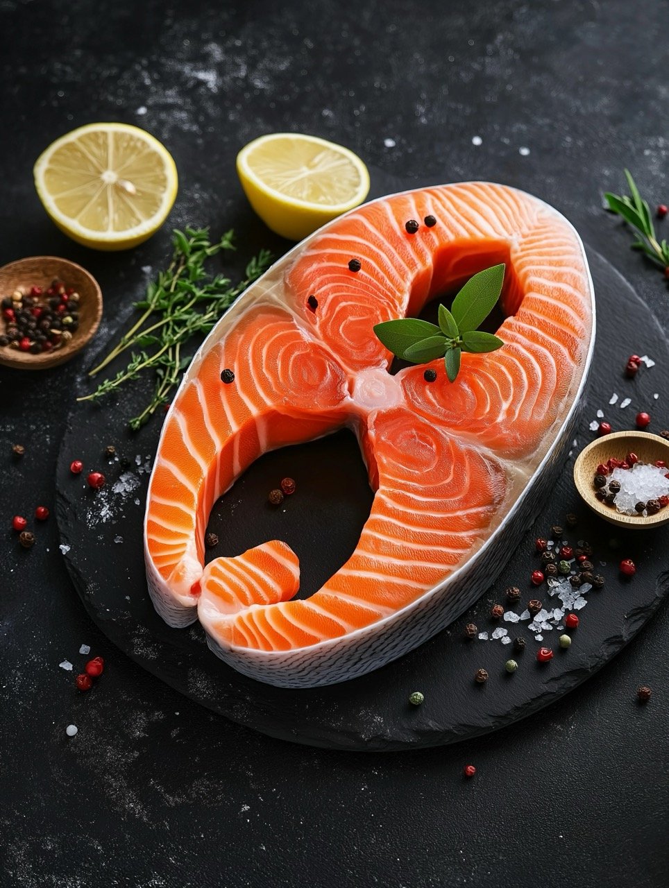 Healthy Salmon Steak with Fresh Herbs, Lemon, and Cooking Ingredients for Grilling on Black Surface