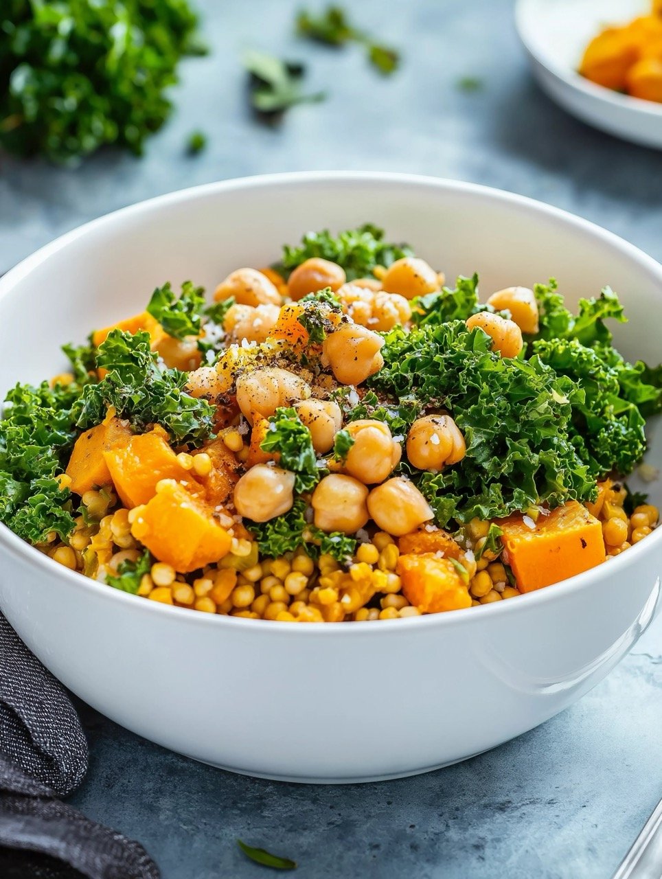 Healthy Vegan Stew with Chickpeas, Kale, and Sweet Potato in White Bowl on Plate