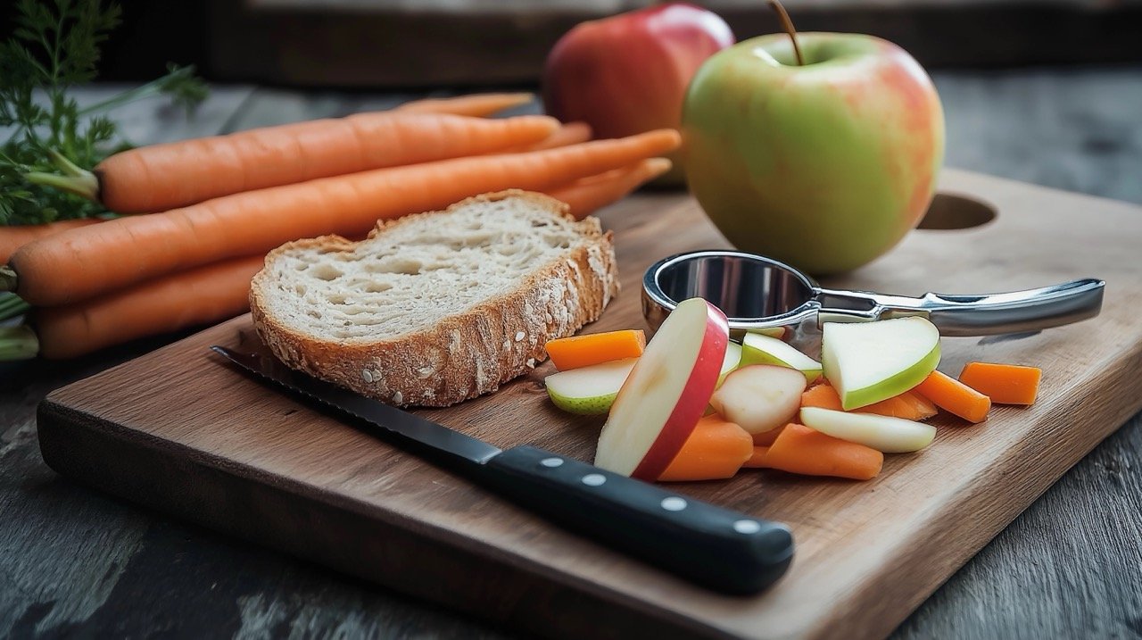 Healthy diet conceptual image with apple, bread, and carrot as part of balanced meal choices