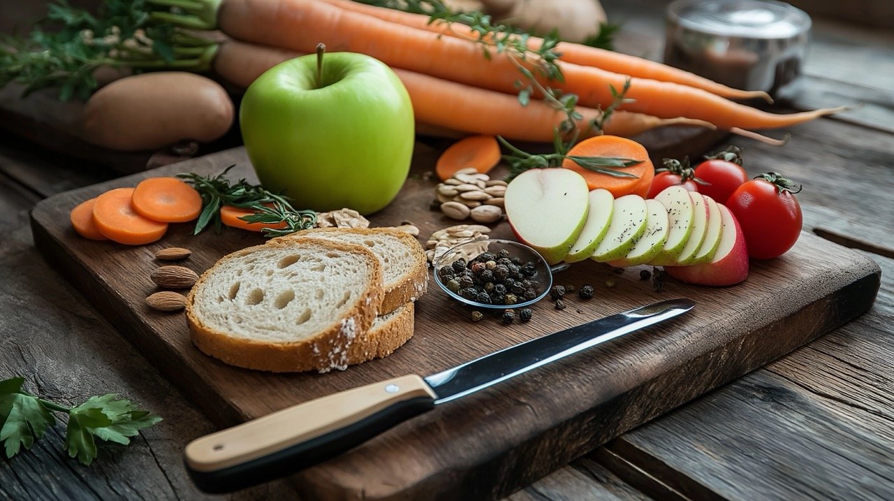 Healthy diet image showcasing apple, carrot, bread, and vibrant foods for a nourishing and balanced meal