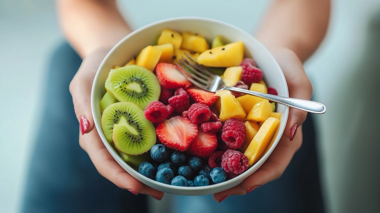 Healthy lifestyle woman holding a bowl of fresh fruit salad while standing at home