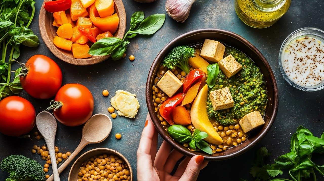 Healthy vegetarian food background featuring vegetables, pesto, lentil curry, and tofu for a wholesome meal