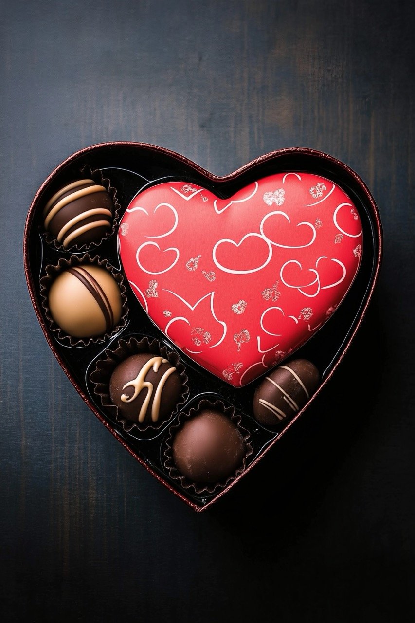 Heart-shaped Valentine’s candy box with chocolates, ideal for gifting on Valentine’s Day or romantic occasions.