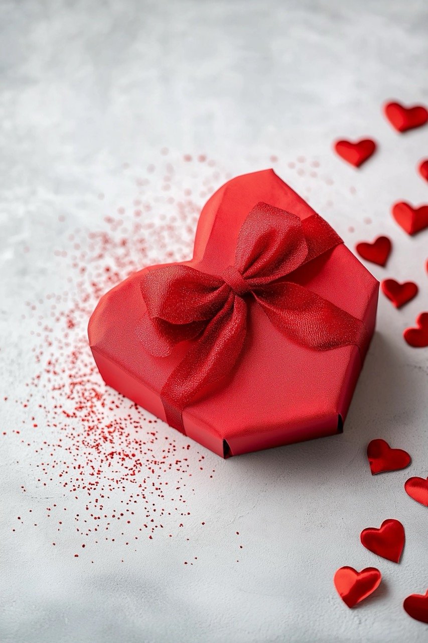 Heart-shaped bow on red gift box placed on light background for ideal Valentine’s Day gift concept.