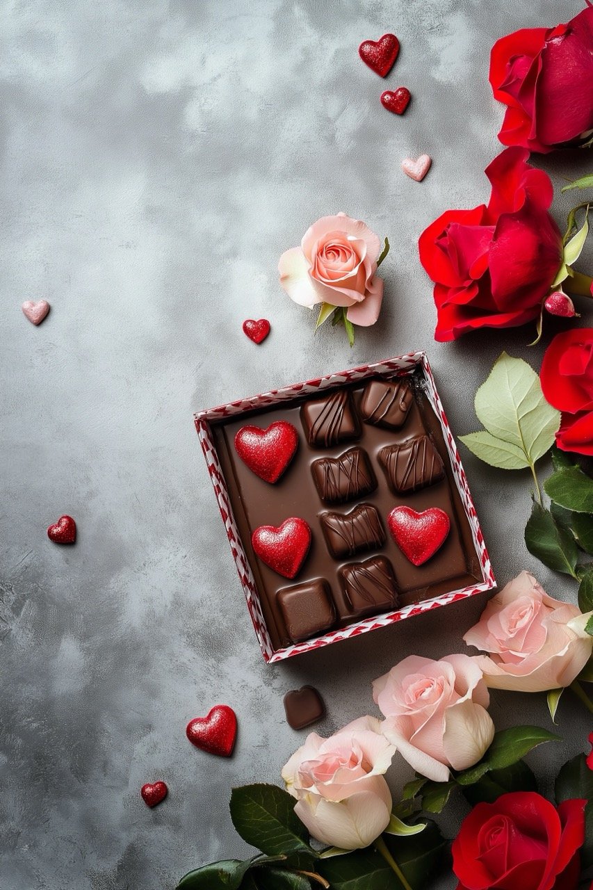 Heart-shaped candy, roses, and Valentine’s Day gift box for the perfect romantic holiday surprise.