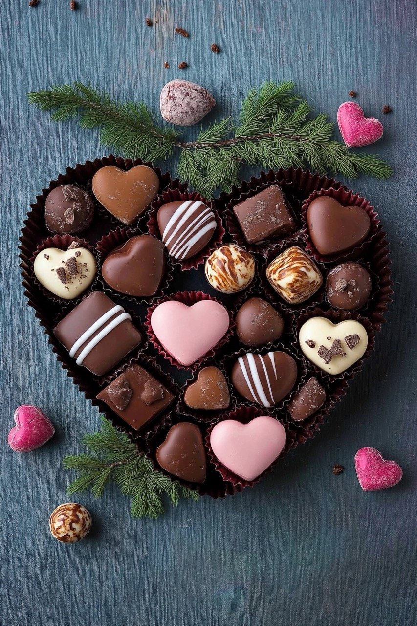 Heart-shaped chocolate candies, perfect for Valentine’s Day holiday gift, card, and sweet celebration moments.