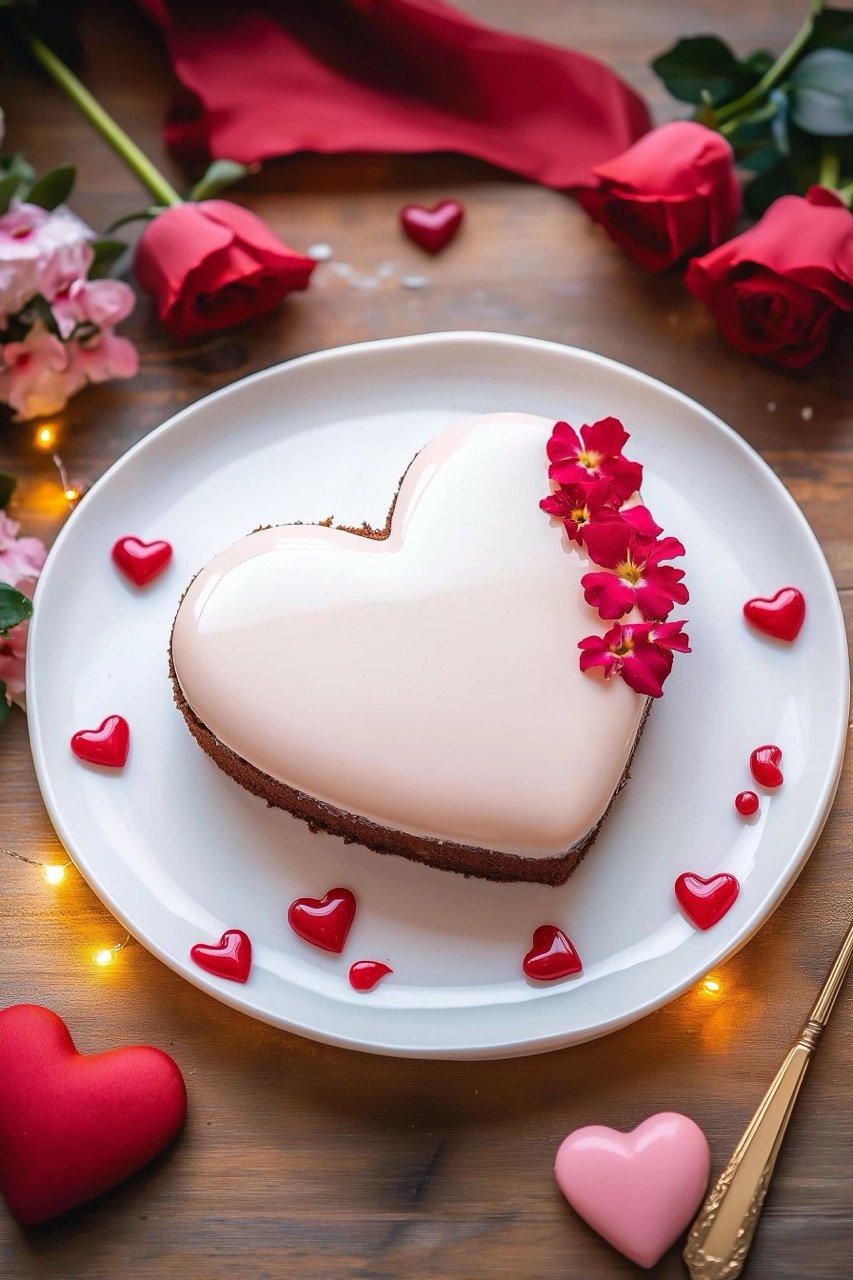 Heart-shaped glazed Valentine cake with flowers on wooden table for a romantic Valentine’s Day celebration.