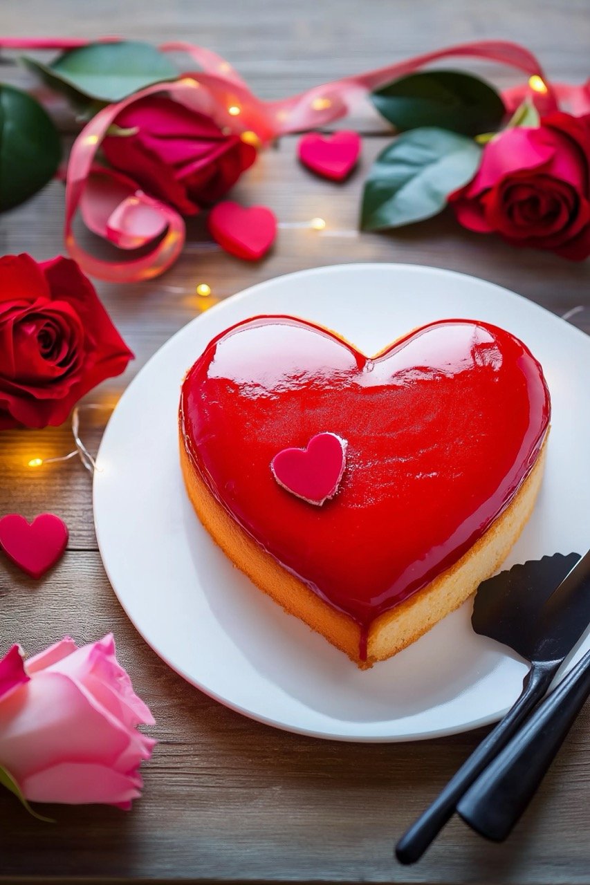 Heart-shaped glazed cake for Valentine’s Day, accompanied by beautiful flowers on wooden table background.