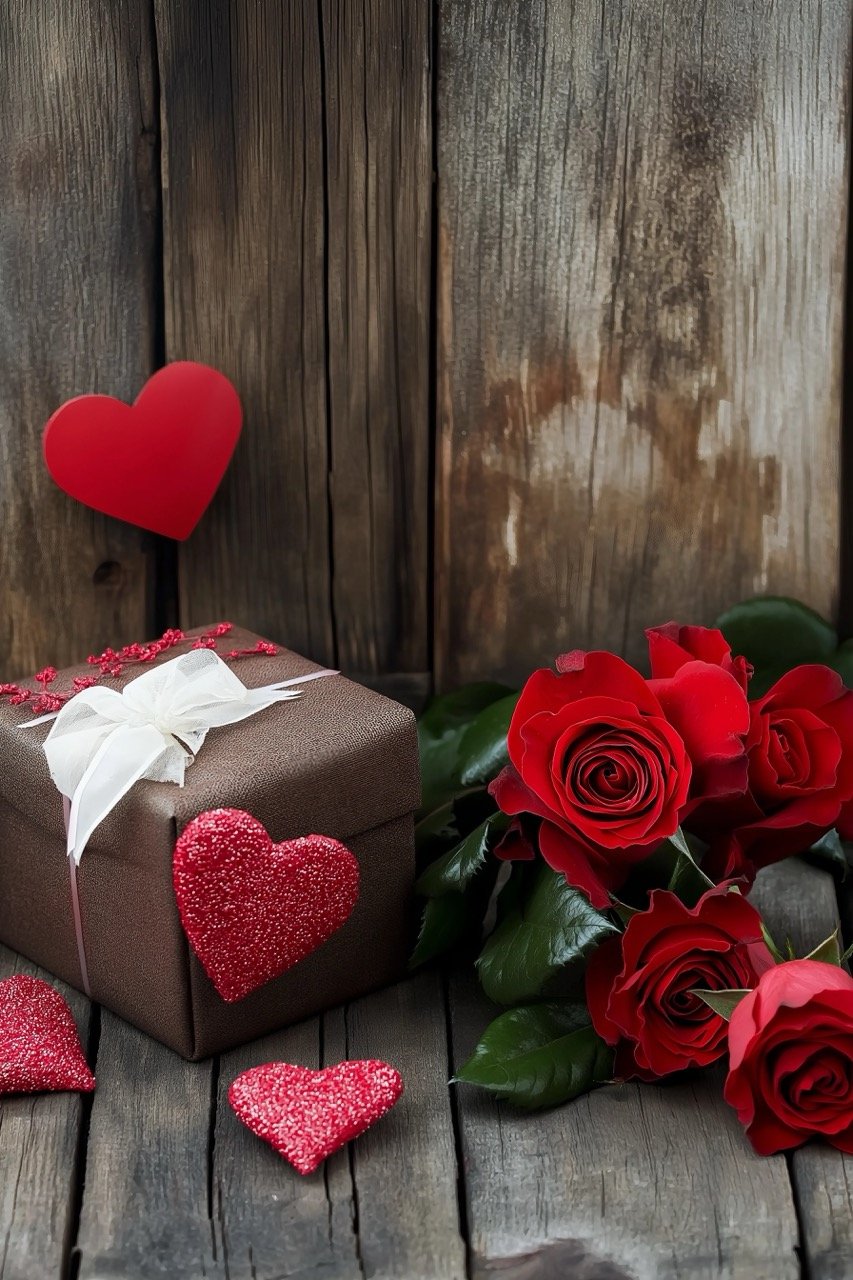 Heart-shaped roses and gift box for Valentine’s Day displayed over a wooden table background.