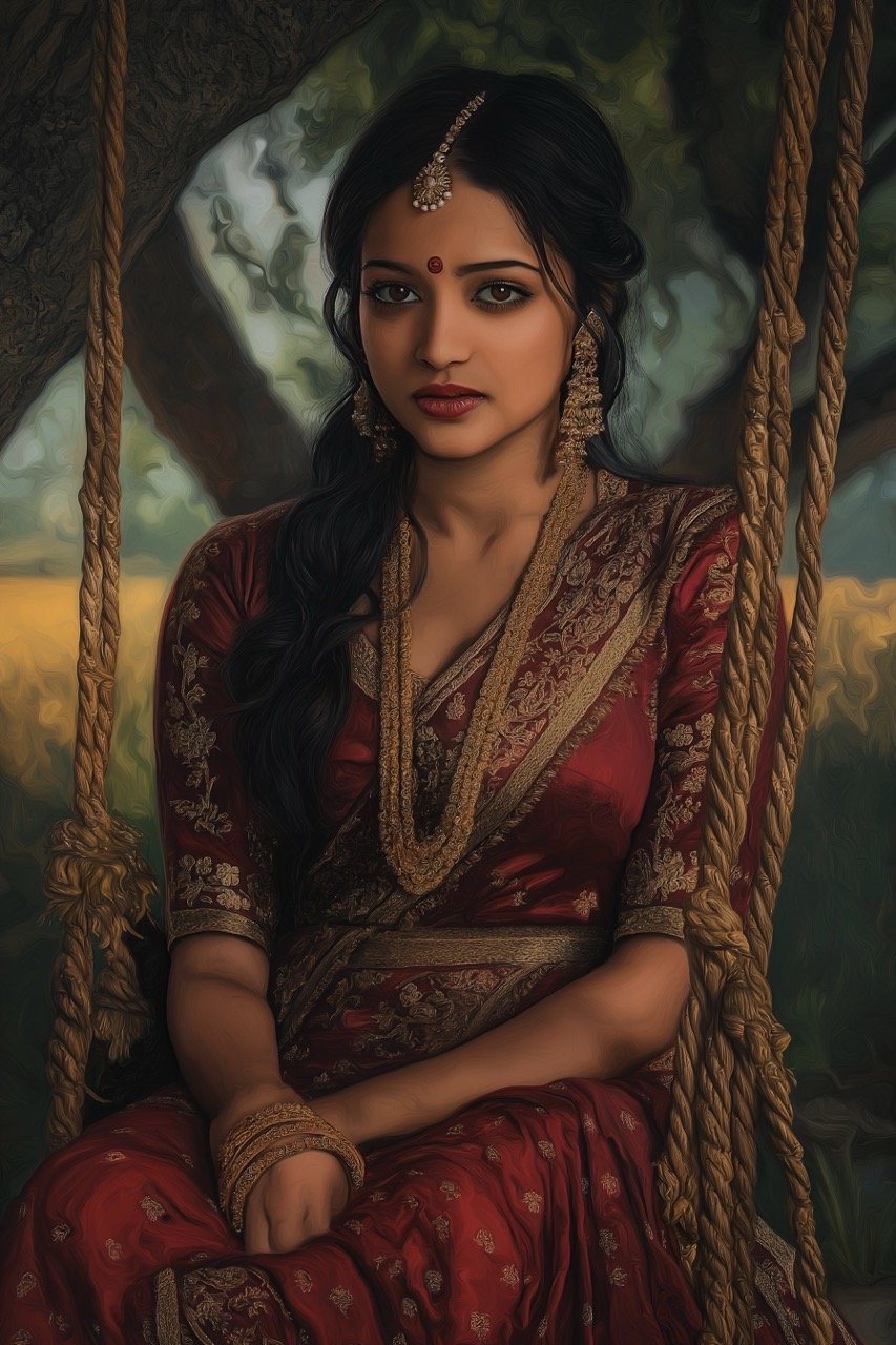 Heer enjoying a traditional swing beneath the shade of a large banyan tree in nature