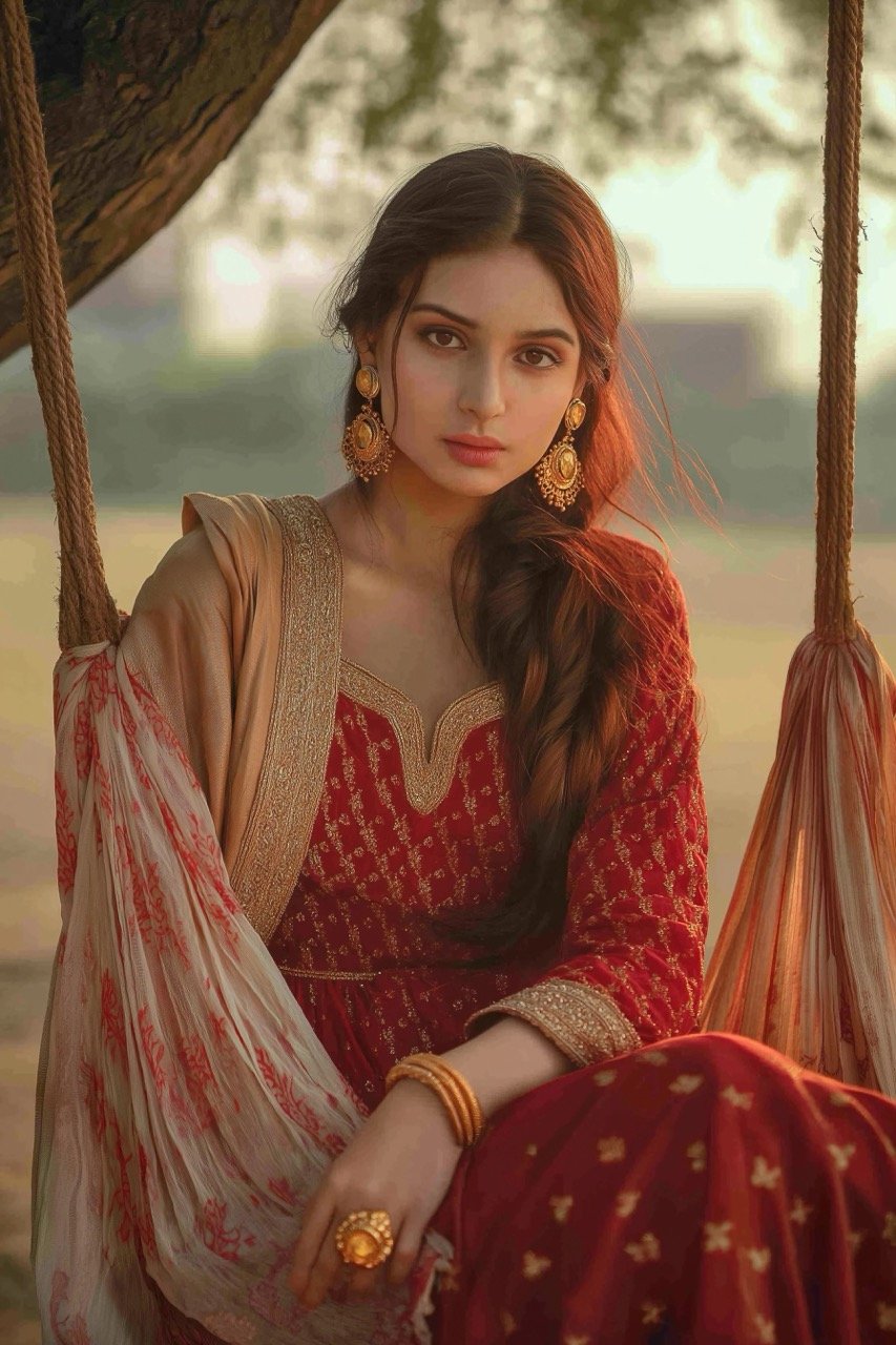 Heer sitting on a traditional swing, enjoying the cool breeze under the majestic banyan tree