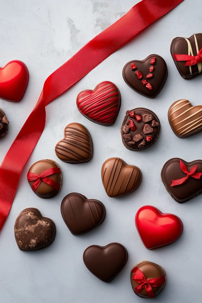 High-angle view of chocolate candy with red ribbon, ideal for love-themed and holiday celebrations.