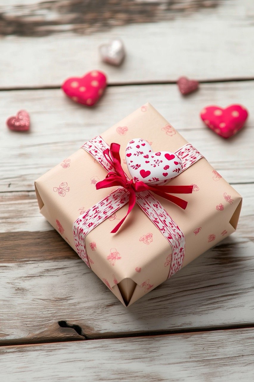 High angle view of gift box on wooden surface, ideal for Valentine’s Day greetings.