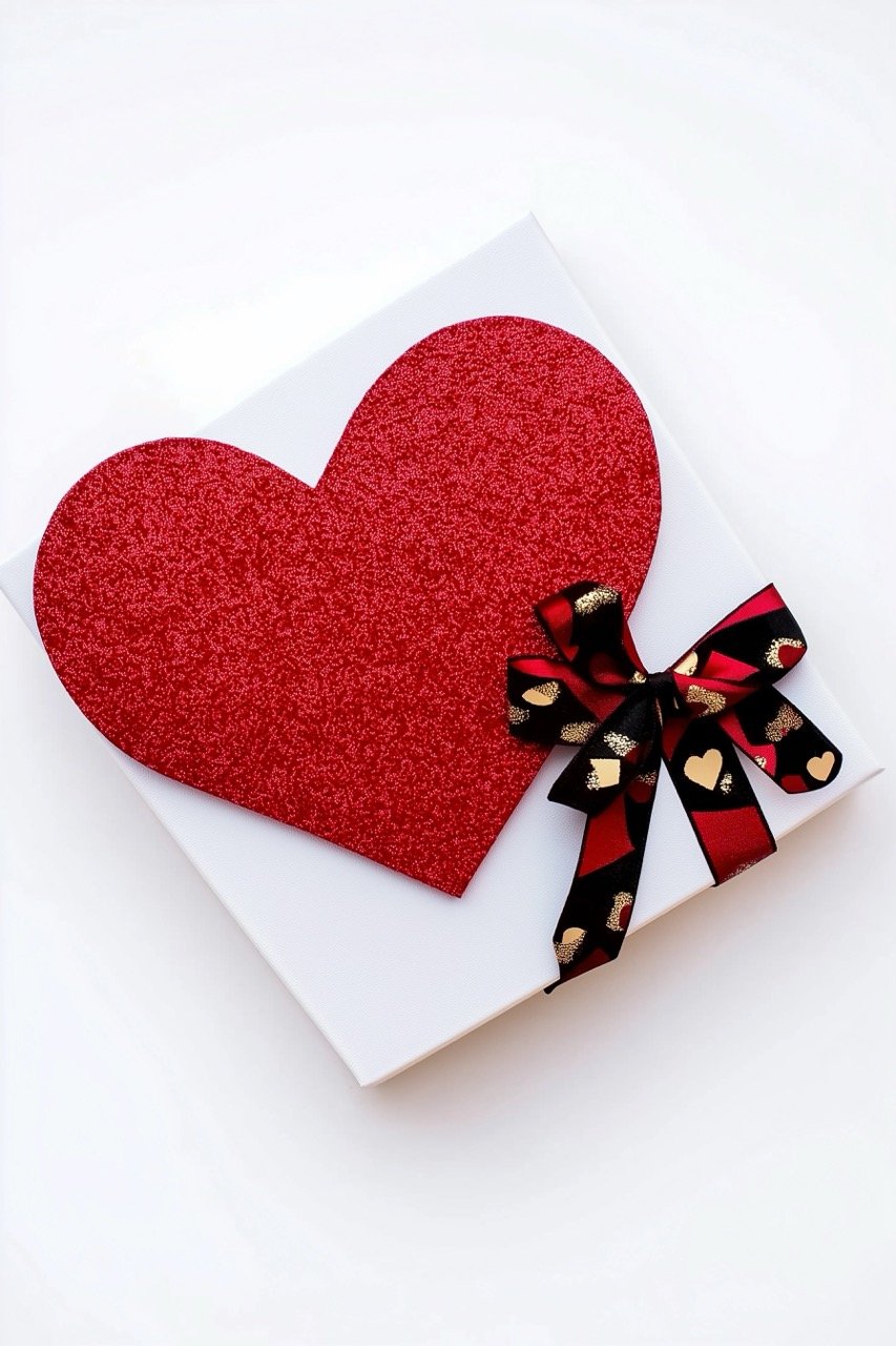 High angle view of heart-shaped gift box with hearts on a white background for Valentine’s holiday.