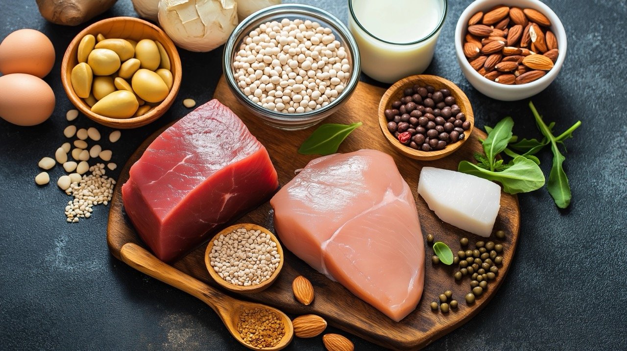 High-protein food display for a nutritious meal, emphasizing protein-rich sources and healthy eating