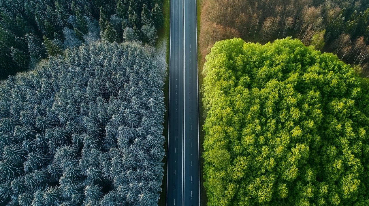 Highway road through forest captured from above, showcasing contrasting winter and summer landscapes.