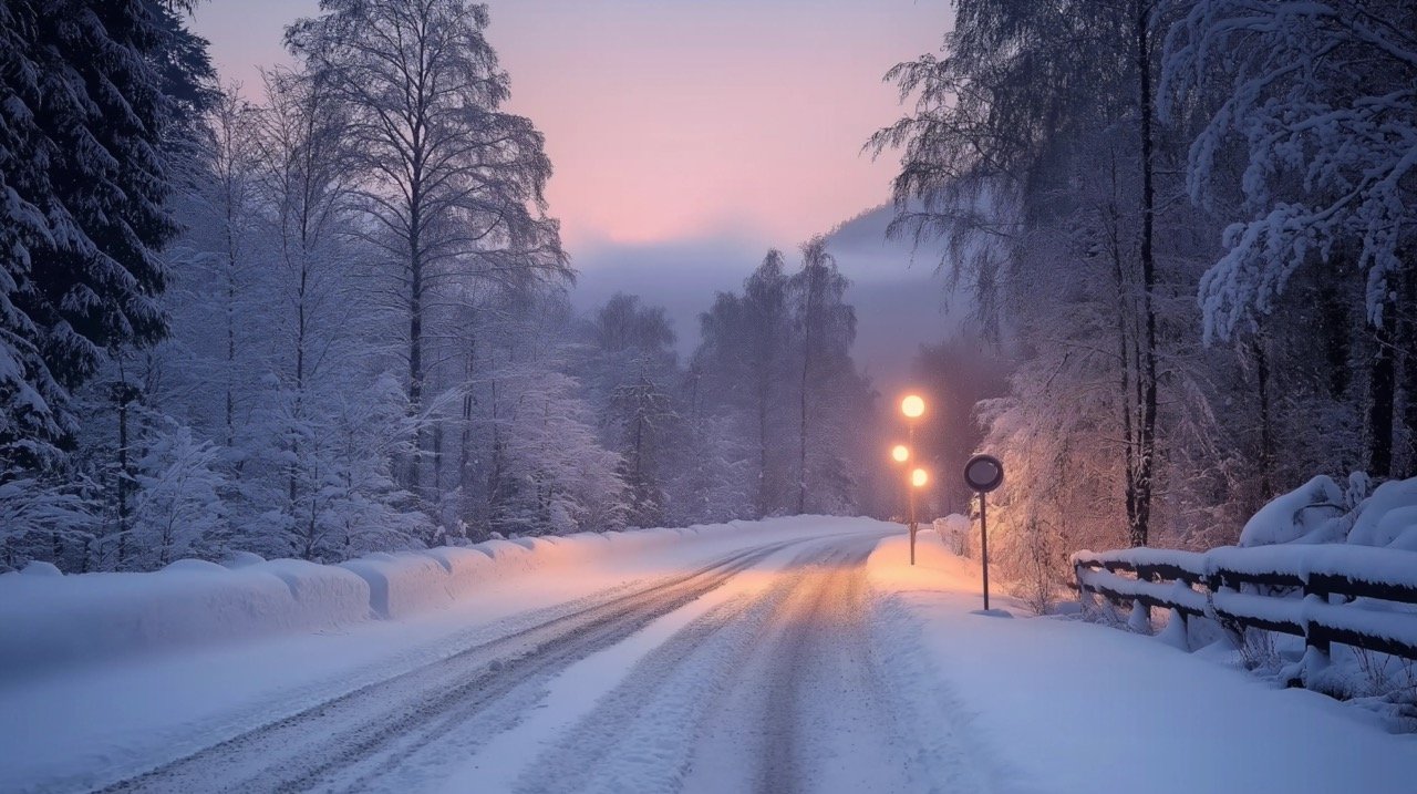 Holiday Lights in the Mountains Serene Winter Roads Surrounded by Snow and Scenic Landscapes