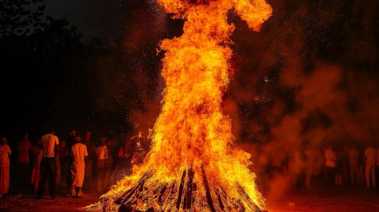 Holika Dahan celebration with people celebrating Holi festival in Maharashtra, India, with burning fire.