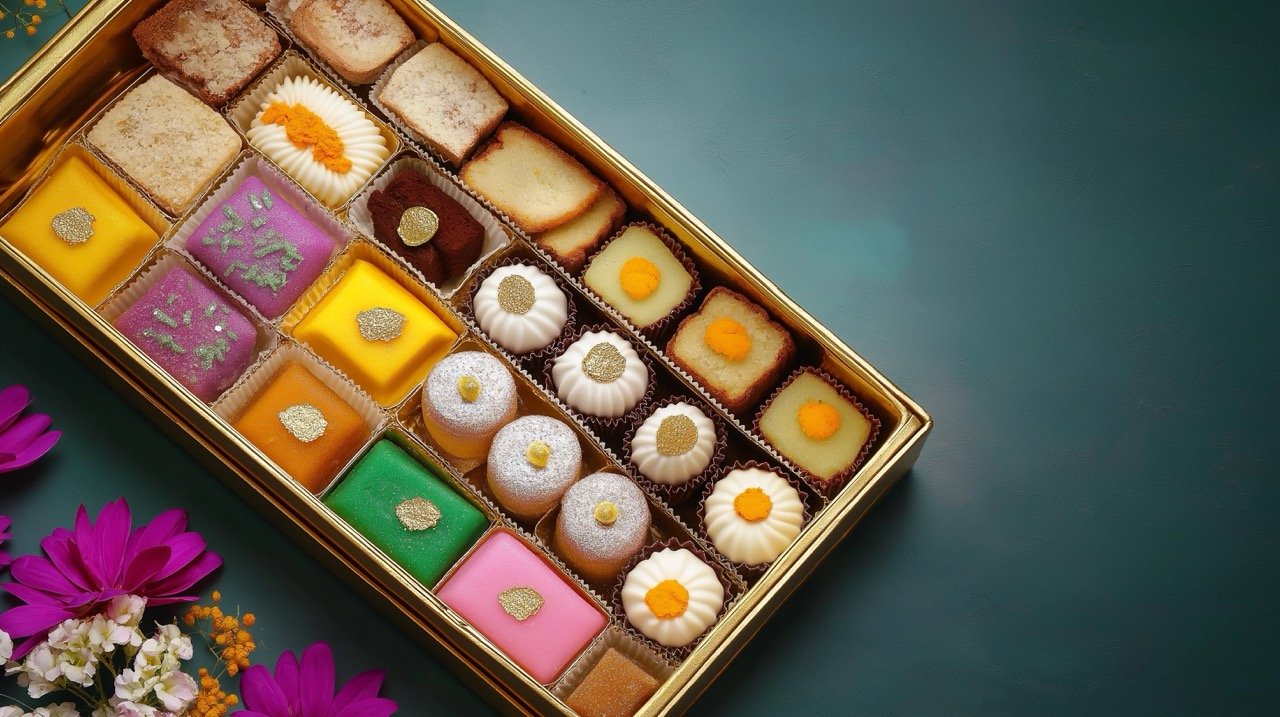 Indian Diwali Mithai Box with Kaju Katli, Peda, Barfi, Marzipan, Diya, Flowers – Festive Gift