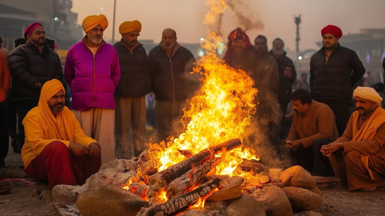 Indian Sikh man with turban celebrates Lohri festival, sitting near bonfire, active lifestyle.