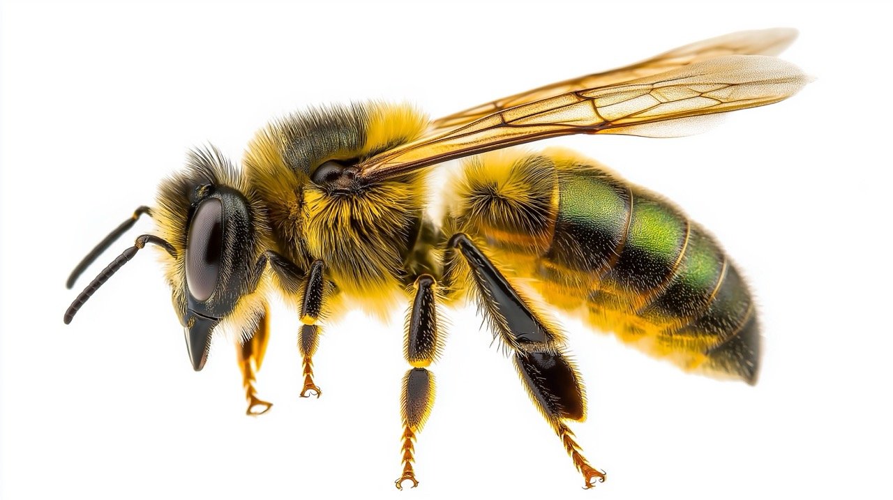 Insects of Europe – Macro Side View of Western Honey Bee (Apis Mellifera) with Wings on White Background.