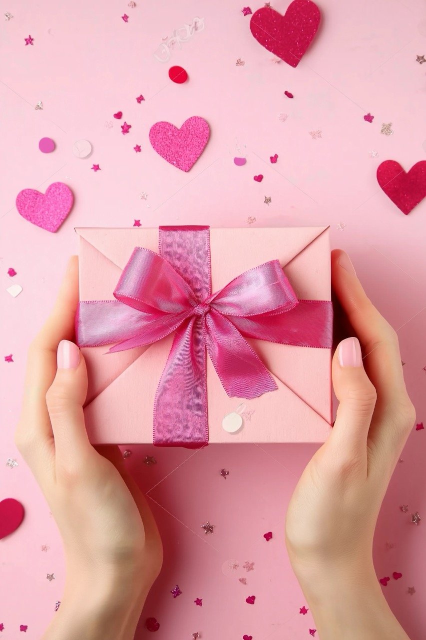 International Women’s Day and Valentine’s Day gift box with satin ribbon and hearts on pink background.