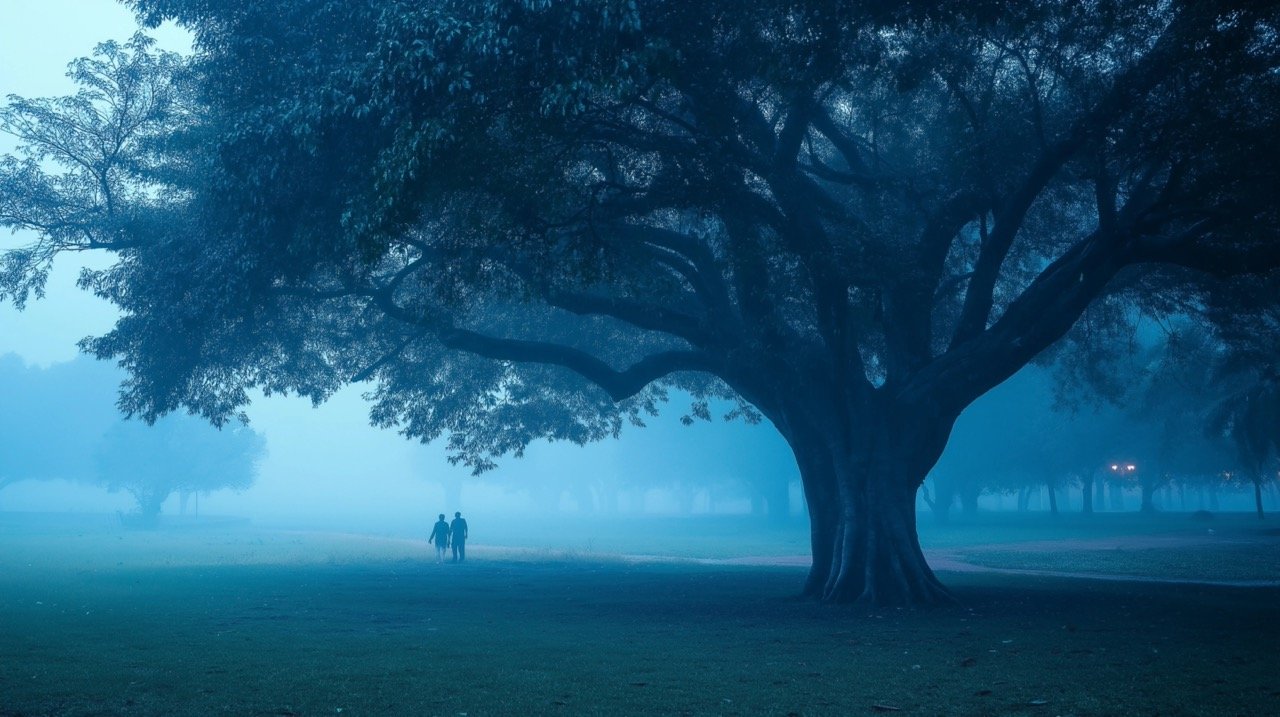 Kolkata Maidan in Winter Dense Fog, Banyan Tree, and Beautiful Scenic Morning Atmosphere