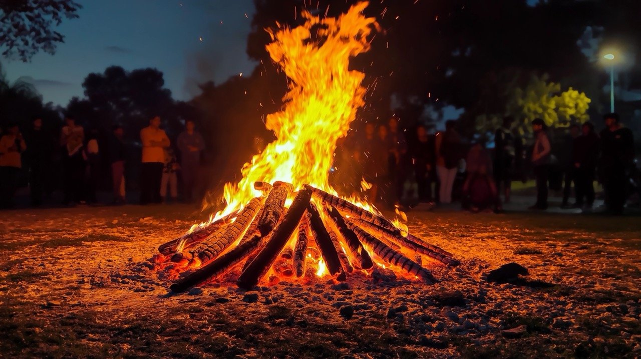 Lohri festival bonfire burning brightly, creating warmth and beauty during the celebration at camp.