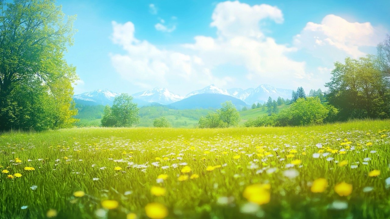 Lush meadow field with yellow dandelion flowers and green grass, showcasing nature’s vibrant beauty.