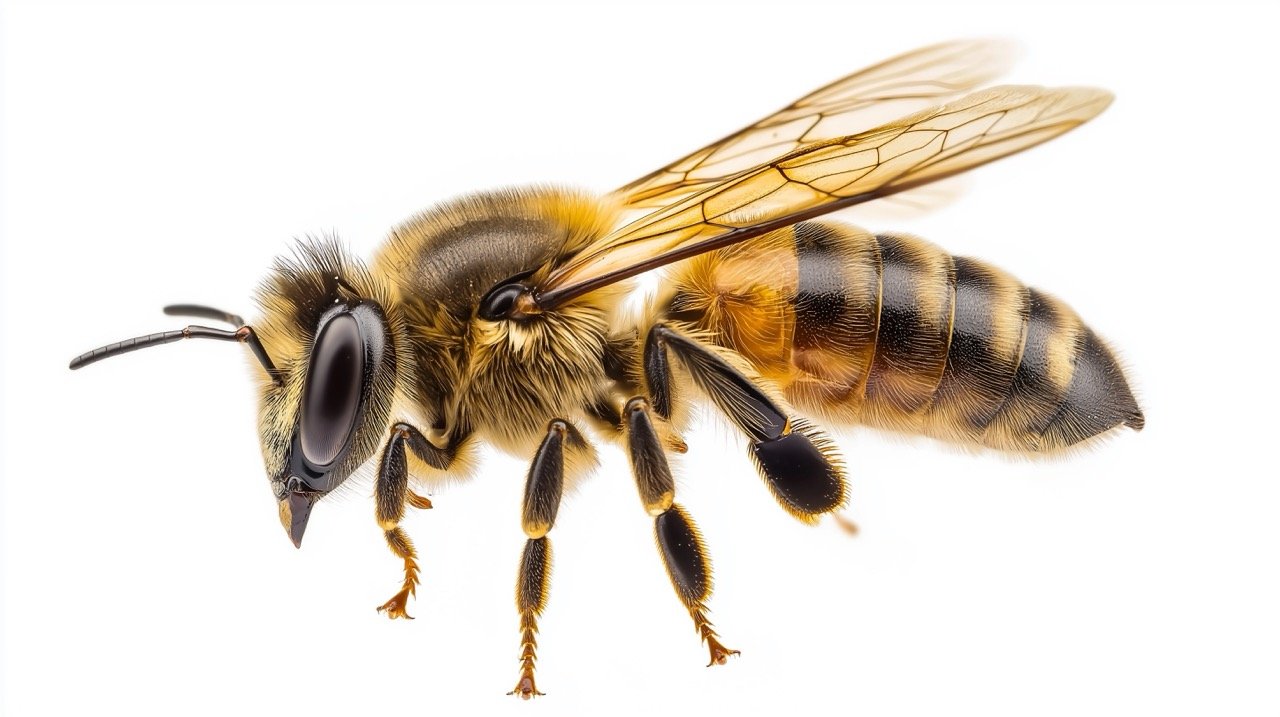 Macro Photography of Western Honey Bee (Apis Mellifera) – Side View with Wings, Isolated on White Background.