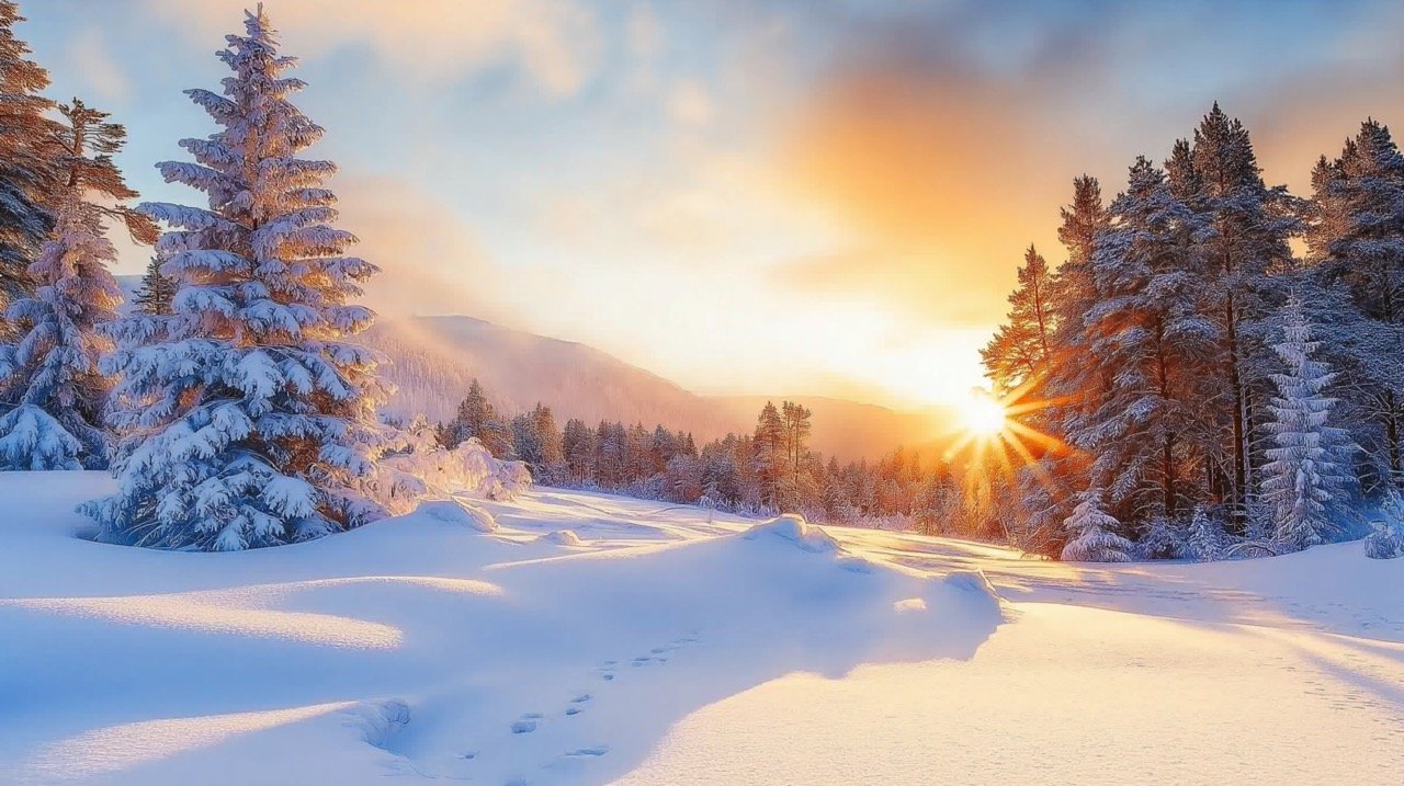 Magical Winter Landscape with Snow-Covered Firs and Sunrise Scenic Christmas Background and Snowy Views