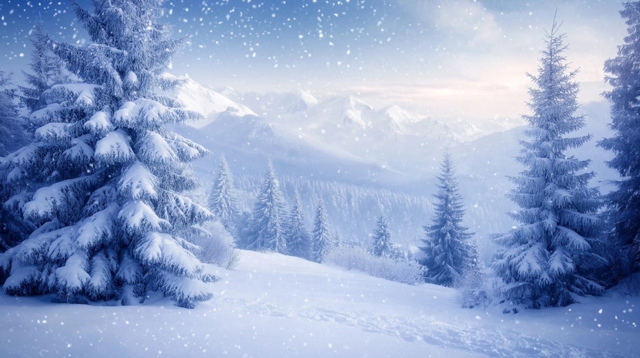 Magical Winter Landscape with Snowing Fir Trees Christmas Scenery and Beautiful Snow-Covered Forest