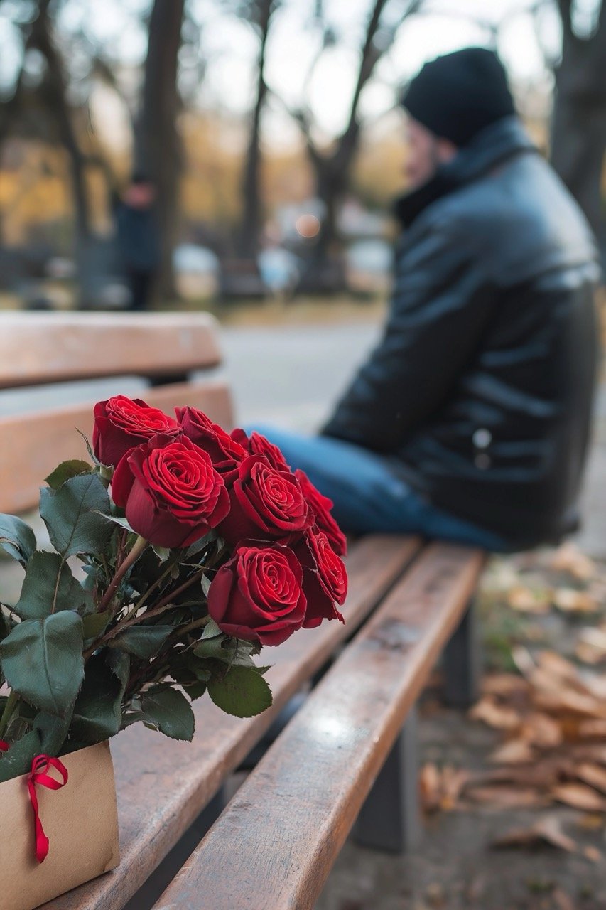 Man in a public park sitting on a bench, eagerly awaiting his girlfriend on Valentine’s Day.