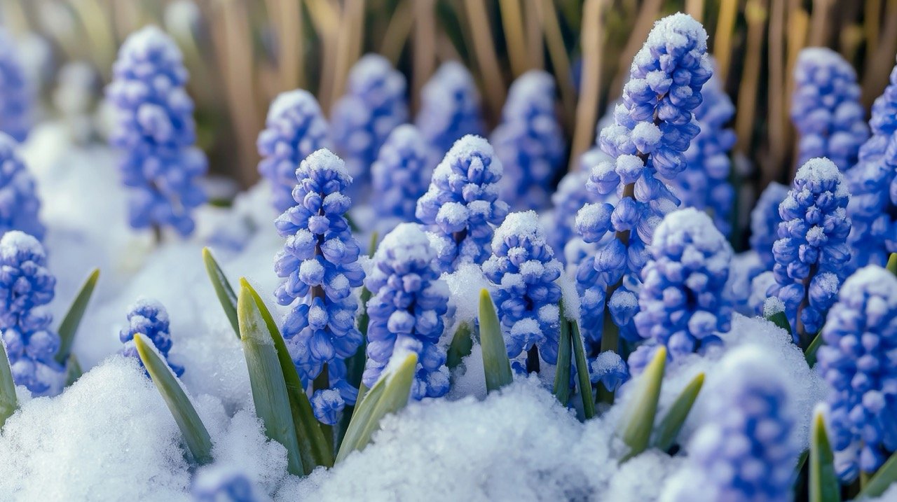 March springtime with blue grape hyacinth flowers in a snow-covered flowerbed, showcasing seasonal change.