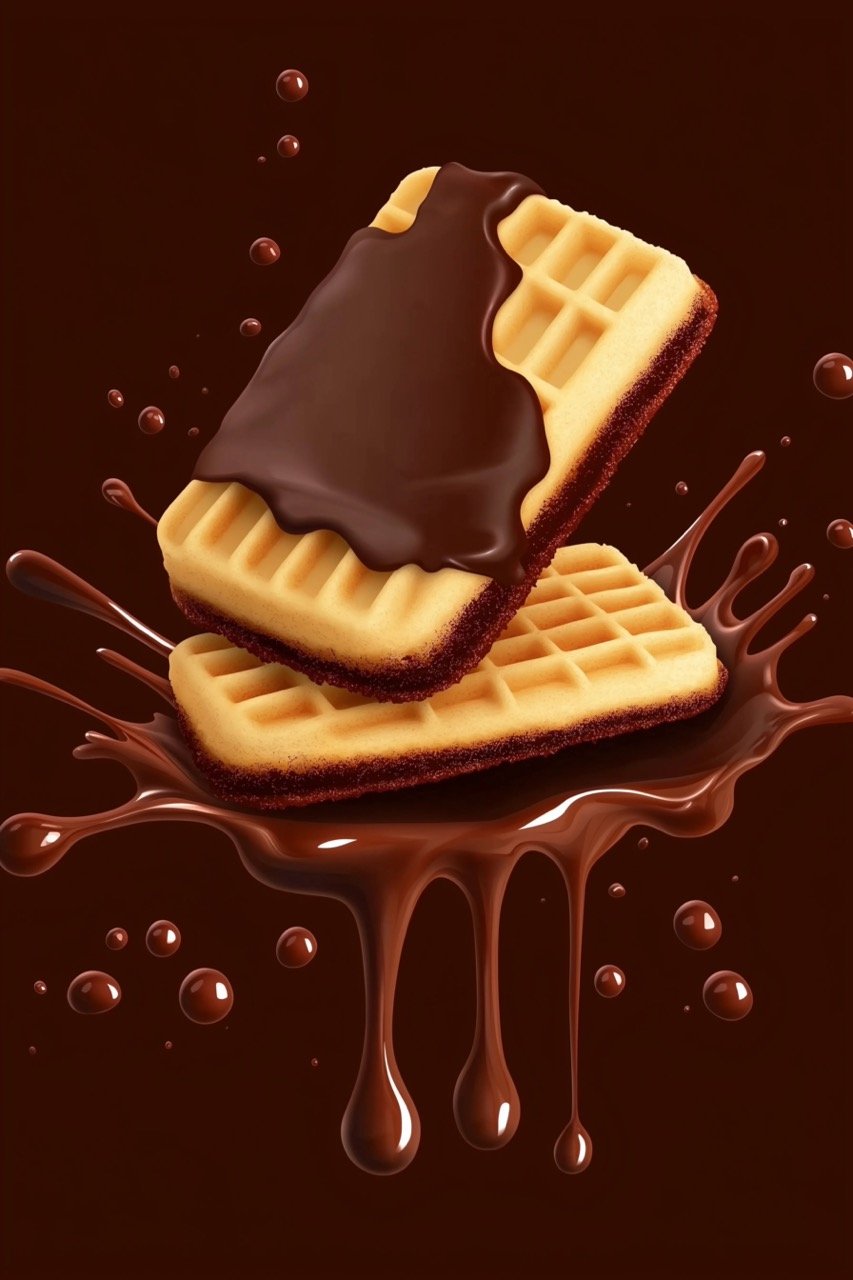 Melted Chocolate Splash on Wafer High-Quality 3D Stock Illustration for Sweet Food Promotions