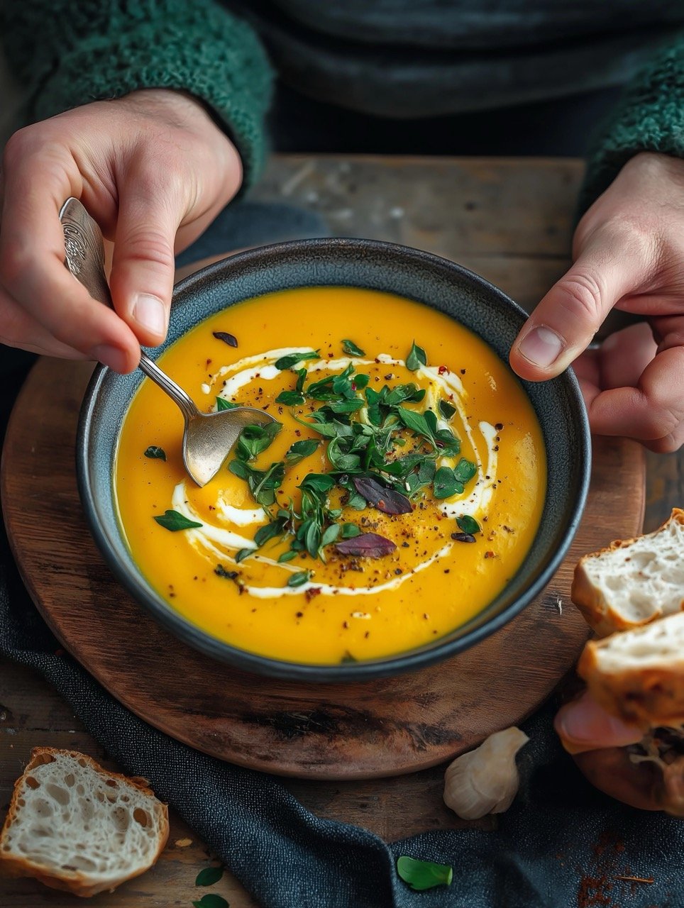 Men Enjoying Vegan Creamy Roasted Pumpkin Soup for a Cozy Autumn or Winter Meal