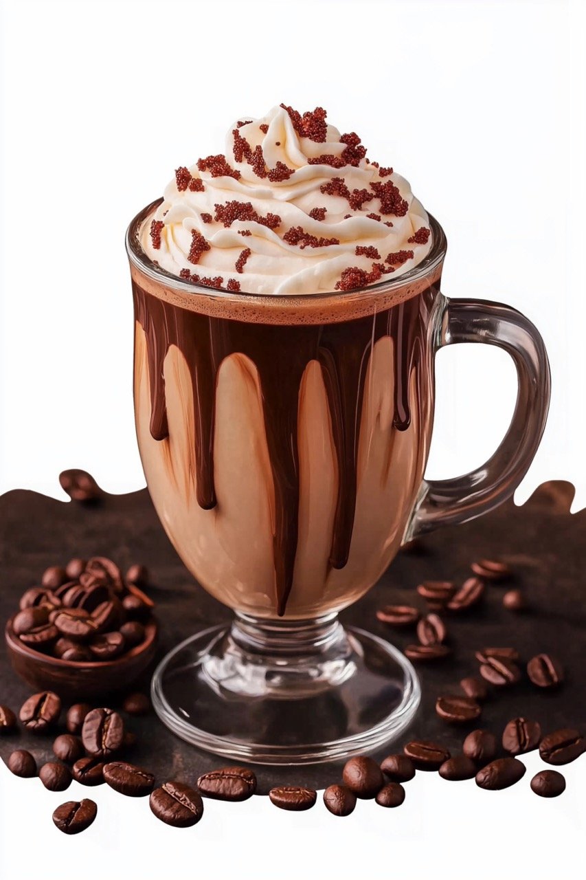 Mocha Chocolate with Whipped Cream and Coffee Beans in Glass Healthy Drink Stock Photo for Marketing