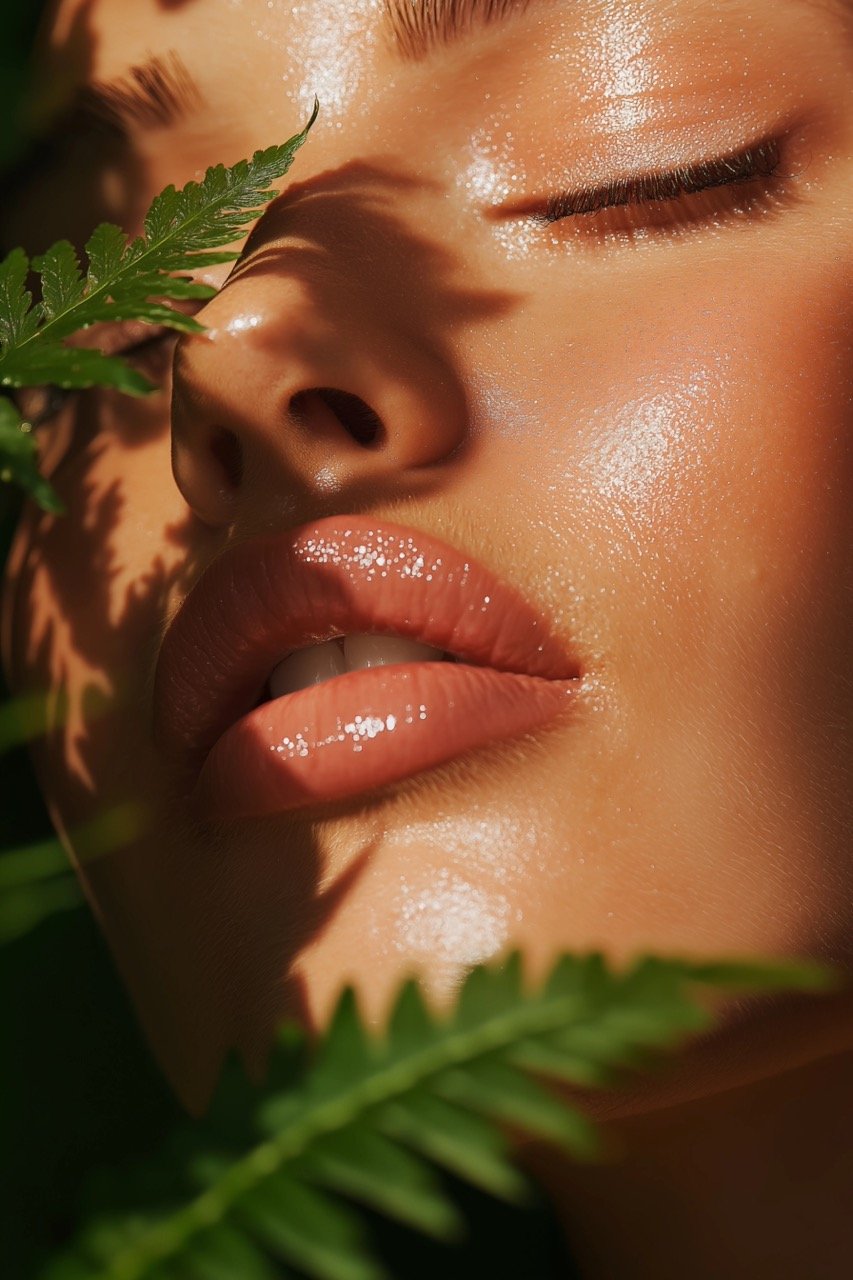 Natural Makeup Close-Up Face with Glossy Lips, Lush Greenery, and Radiant Glow in Warm Light