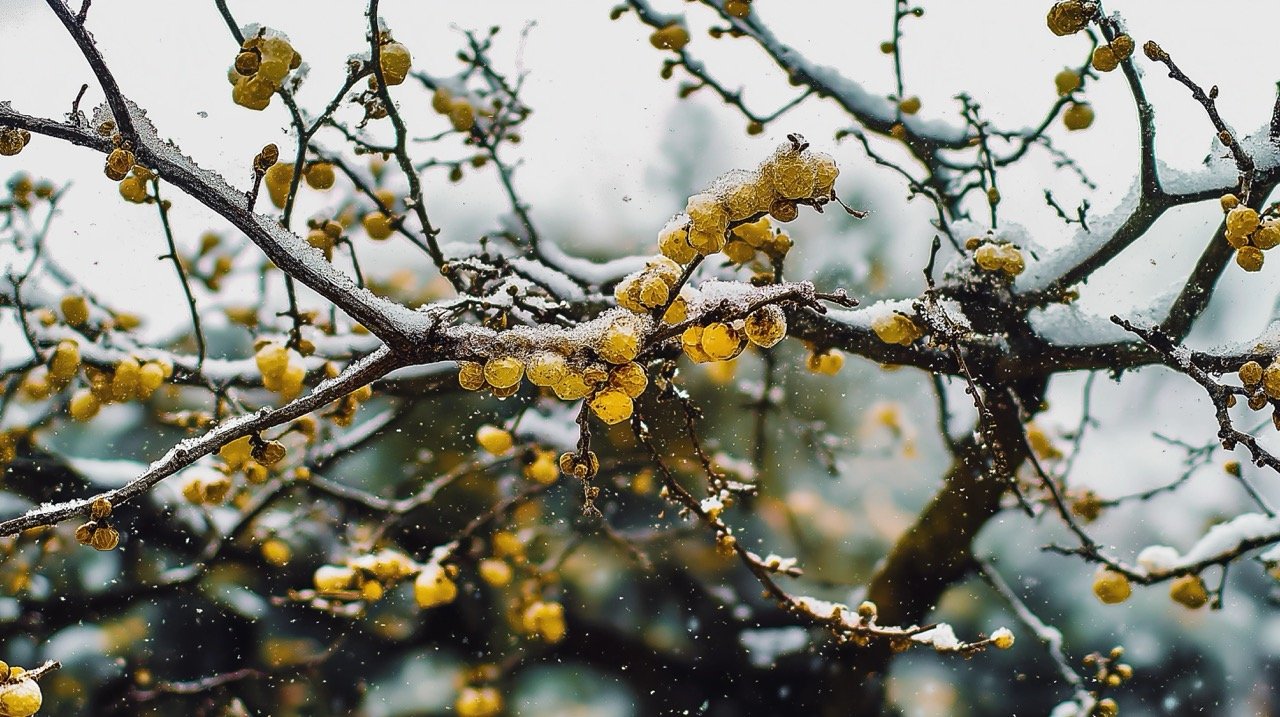 Nature’s hyperlapse showing winter turning into spring with petals covered in snow, beautiful seasonal change.